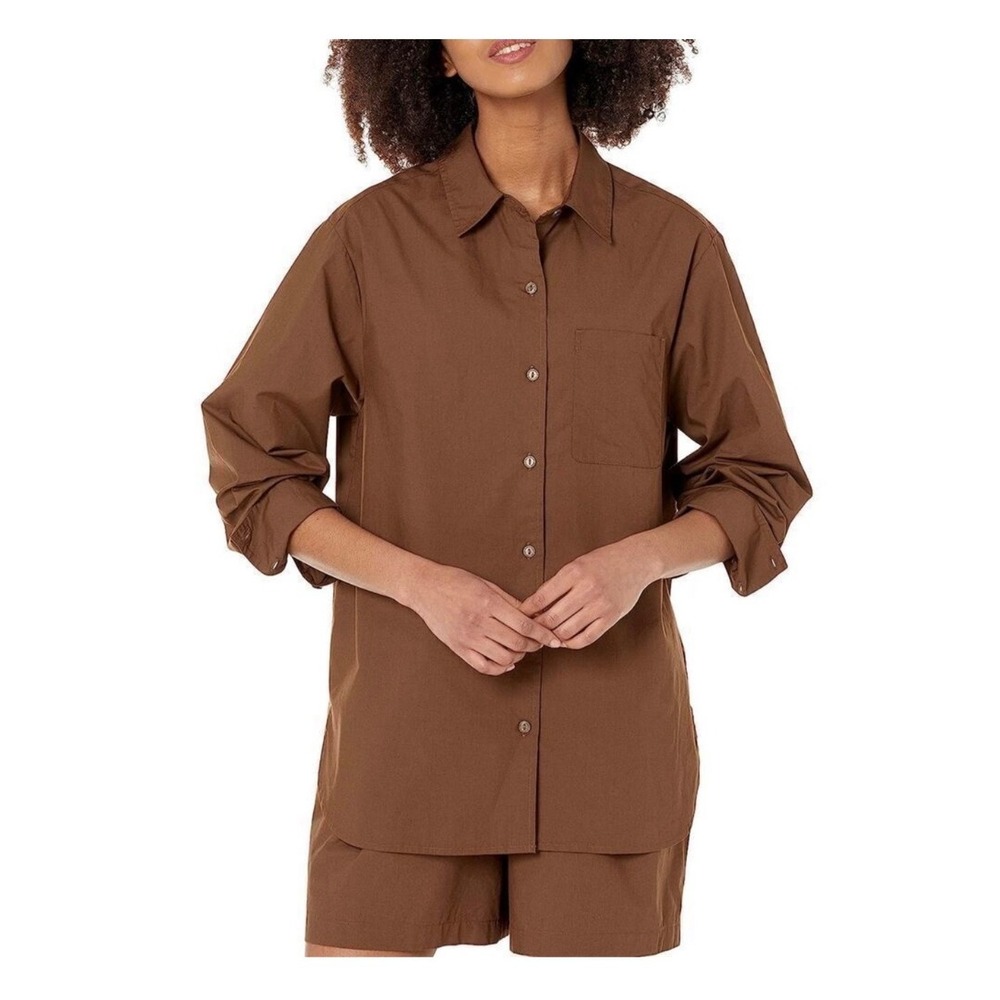 The‎ Drop Womens Kendra Loose Fit Long Cotton Shirt Sz small Coffee Bean Brown